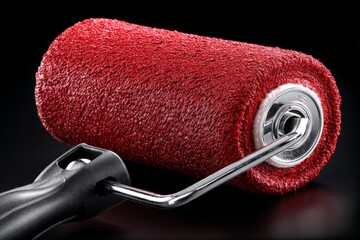Poster - Red paint roller on a black background ready for home renovation or artistic project