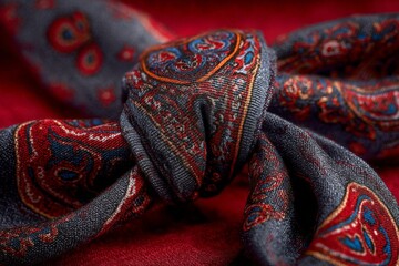 Aufkleber - Elegant silk scarf tied with intricate paisley patterns resting on a rich red background