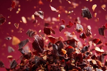 Poster - Spices scattered artistically against a red backdrop showcasing their vibrant colors and textures