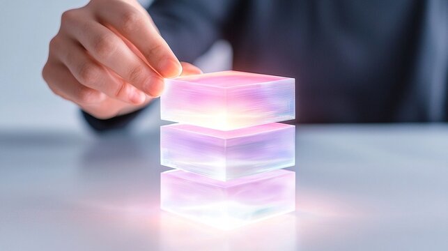 Hand Placing Glowing Data Cubes on Table, Digital Security Concept