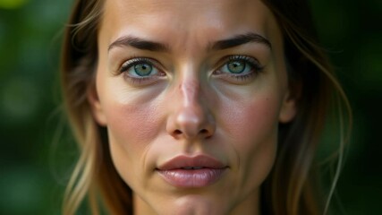 Poster - A close-up shot of a woman's face with striking green eyes, perfect for beauty or portrait photography