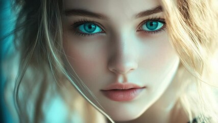 Poster - Close-up portrait of a woman with bright blue eyes