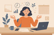 © Mario - Mindful employee meditating at office desk for stress relief, focus, and productivity. Work-life balance, mental well-being, calm at work concept. Businesswoman practicing yoga. Vector.