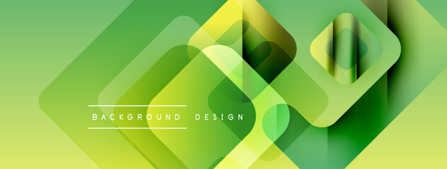 Poster - Abstract geometric background. Overlapping squares create layered effect. Green, yellow hues dominate composition. Modern design element.