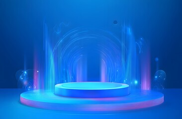 Poster - Abstract futuristic blue technology background with glowing circular podium and hologram elements for product presentation in a virtual space,