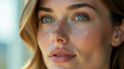 Poster - A close-up view of a woman's face with striking green eyes