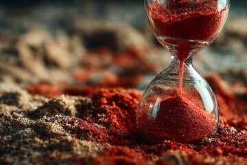Aufkleber - Flow of time captured in an hourglass filled with vibrant red sand on a textured surface