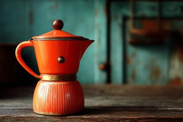 Poster - Vintage orange coffee pot on wooden table against rustic background with teal walls