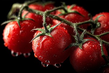Poster - Fresh cherry tomatoes with water droplets glistening on a black background