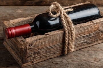 Poster - Wine bottle in rustic wooden crate wrapped with twine on textured wooden surface