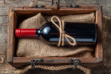 Poster - Handmade wooden box containing a bottle of red wine wrapped in burlap and twine on a rustic wooden surface