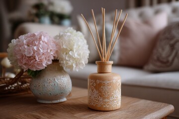 Poster - Elegant arrangement of flowers and aroma diffuser on a coffee table in a cozy living room setting