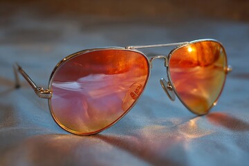 Poster - Retro aviator sunglasses with orange mirrored lenses resting on a soft fabric surface