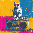 © fotoak80 - popart opart kunst illustration katze auf ghettoblaster