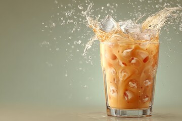 Poster - Iced beverage splashes in a glass with ice cubes on a light background during a warm afternoon