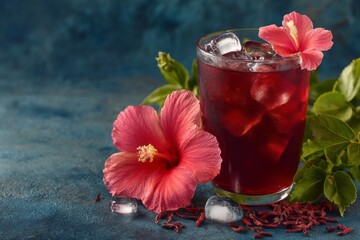 Poster - Refreshing hibiscus drink garnished with vibrant flowers on a textured blue surface
