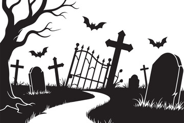 halloween cemetery gate silhouette vector illustration, cemetery gate elements for fear holiday back