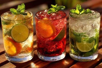 Aufkleber - Refreshing mocktails with vibrant colors served over ice during a sunny outdoor gathering in a garden setting