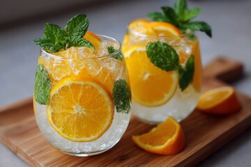 Poster - Refreshing citrus drinks with mint and ice served in clear glasses on a wooden board