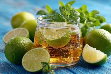 Poster - Refreshing beverage with lime and mint on a blue wooden table during a sunny afternoon