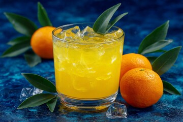 Poster - Refreshing citrus cocktail garnished with fresh leaves and oranges on a vibrant blue background