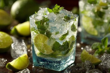 Poster - Refreshing mint and lime cocktail garnished with fresh mint leaves served in a glass on a wooden table during a summer gathering
