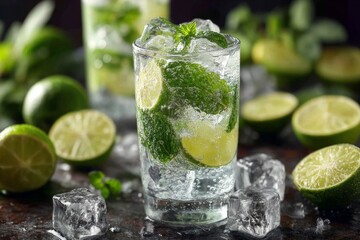 Poster - Refreshing cocktail with mint and lime on a dark countertop with ice and fresh limes in the background