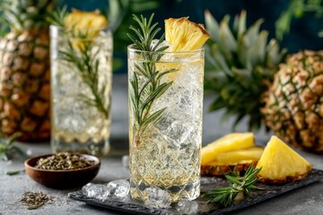 Aufkleber - refreshing pineapple and herb drink served in clear glasses on a stylish table with tropical decor