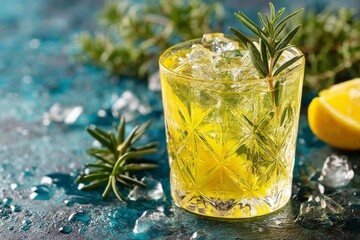 Poster - Refreshing cocktail with rosemary garnish and lemon on a textured blue surface