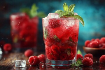 Poster - Refreshing raspberry mint drink served in clear glasses with ice and mint leaves on a wooden table