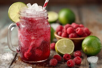 Poster - Refreshing raspberry lime drink served in a glass jar with ice and garnished with lime slices