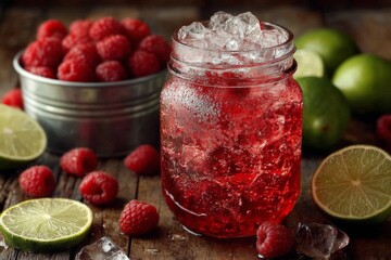 Poster - Refreshing raspberry lime drink with ice and fresh ingredients served on rustic wooden table