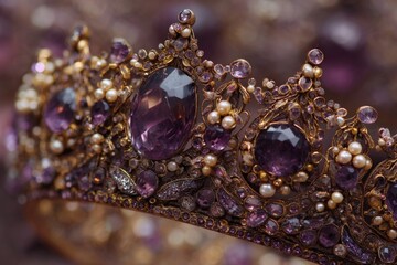 Poster - Intricate crown adorned with amethyst stones and pearls on display in a vintage exhibition