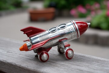 Aufkleber - Vintage toy rocket on display in a garden setting during daylight hours showcasing whimsical design and colorful details