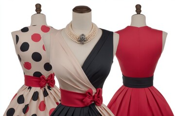 Poster - Elegant vintage dresses displayed on mannequins showcasing unique designs and classic styles in a boutique setting