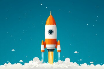 Poster - Rocket launching into a clear blue sky, surrounded by clouds and smoke