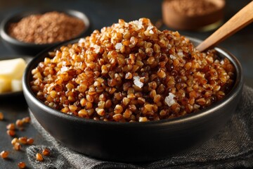 Poster - Nutty whole grain dish garnished with coarse salt served in a black bowl at a rustic kitchen setting