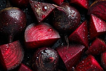 Poster - Freshly cut beets glistening with water droplets on a dark background showcasing their rich color and texture