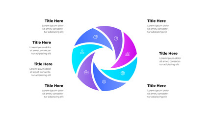 Aufkleber - Infographic illustration featuring a circular layout with 7 sections displaying icons and text. Ideal for presentations, business strategies, and graphic designs emphasizing information clarity