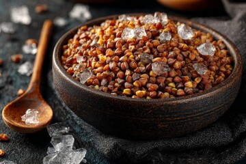 Poster - Roasted buckwheat groats in a bowl with salt crystals scattered on a dark textured surface