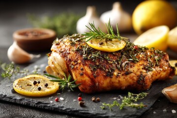 Poster - Juicy roasted chicken with herbs and lemon garnished on a slate platter ready for serving