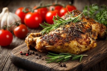 Poster - Savory roasted chicken served with fresh herbs and ripe tomatoes on a rustic wooden board