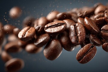 Aufkleber - Coffee beans captured in mid-air showcasing their rich color and texture against a dark background