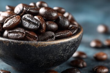 Aufkleber - Dark roasted coffee beans in a rustic bowl with a blue backdrop