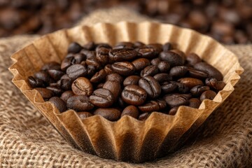 Poster - Coffee beans in a brown paper cup on burlap fabric in a cozy setting with rich textures and warm colors