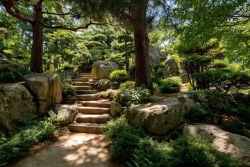 Aufkleber - Serene garden pathway lined with lush greenery and stone steps in a peaceful landscape during daylight hours