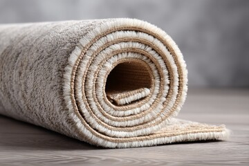 Poster - Soft, rolled rug resting on a wooden floor featuring neutral tones perfect for interior decor enhancement