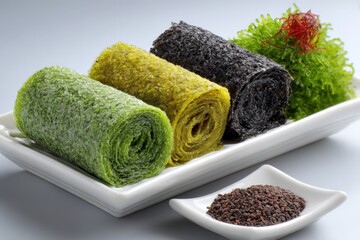 Poster - Colorful seaweed rolls served on a plate with garnishes and seasoning displayed on a table