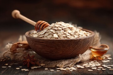Aufkleber - Oats with honey in wooden bowl surrounded by natural elements and warm lighting