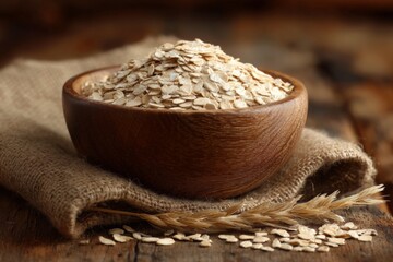 Poster - Oats in a wooden bowl with burlap on rustic wooden surface showcasing natural grains